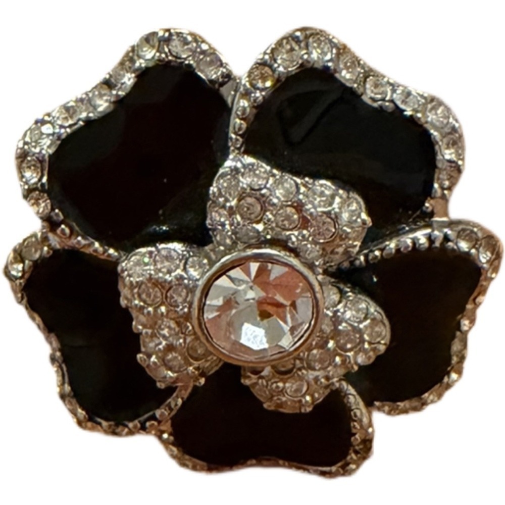 lia sophia Sparkling Rhinestone & Black Enamel Flower Ring Silver Plate Sz 8
